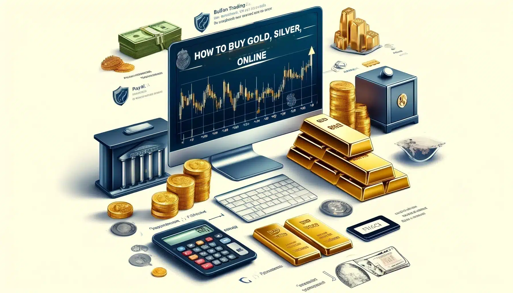 a computer screen with gold bars and coins featuring " How to buy gold online " from Bullion Trading LLC