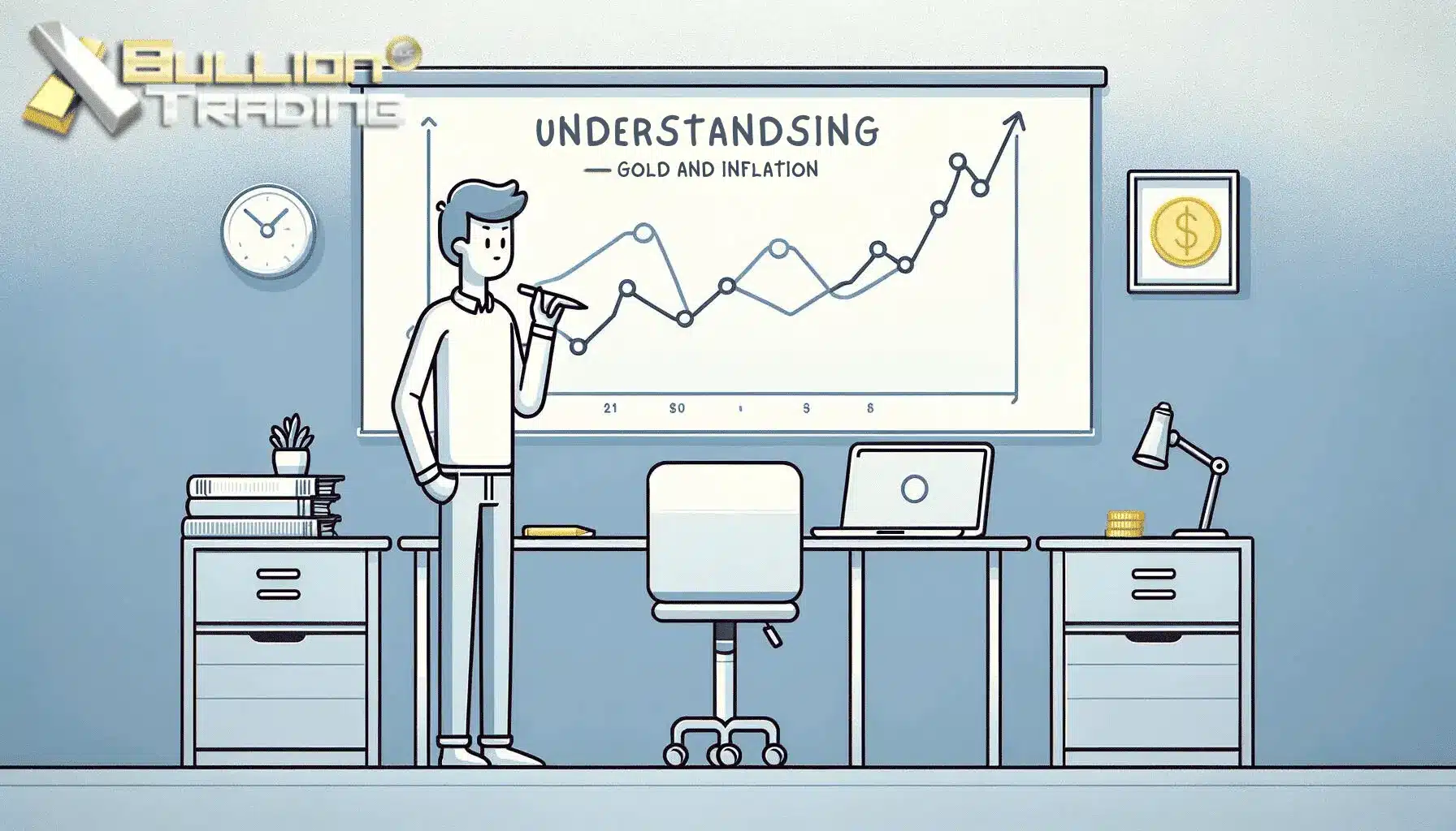 Simplified Analysis of Gold Prices and Inflation Rates - Cartoon Style Illustration