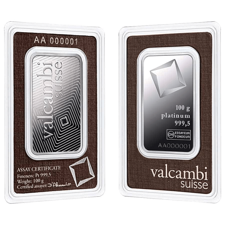 100 gram Platinum Bar - Valcambi (In Assay)