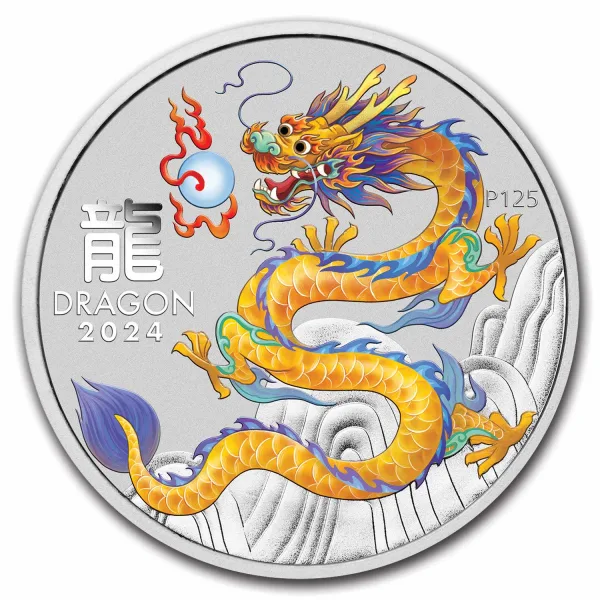 2024 Australia 1 oz Silver Lunar Colorized Yellow Dragon Capsulated