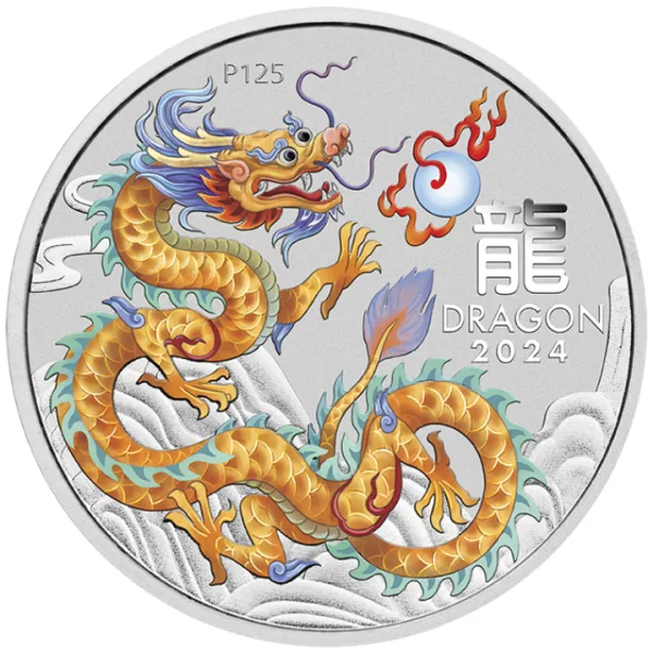 2024 Australia 1 oz Silver Lunar Colorized Golden Dragon Coin Capsulated