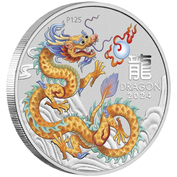 2024 Australia 1 oz Silver Lunar Colorized Golden Dragon Coin Capsulated